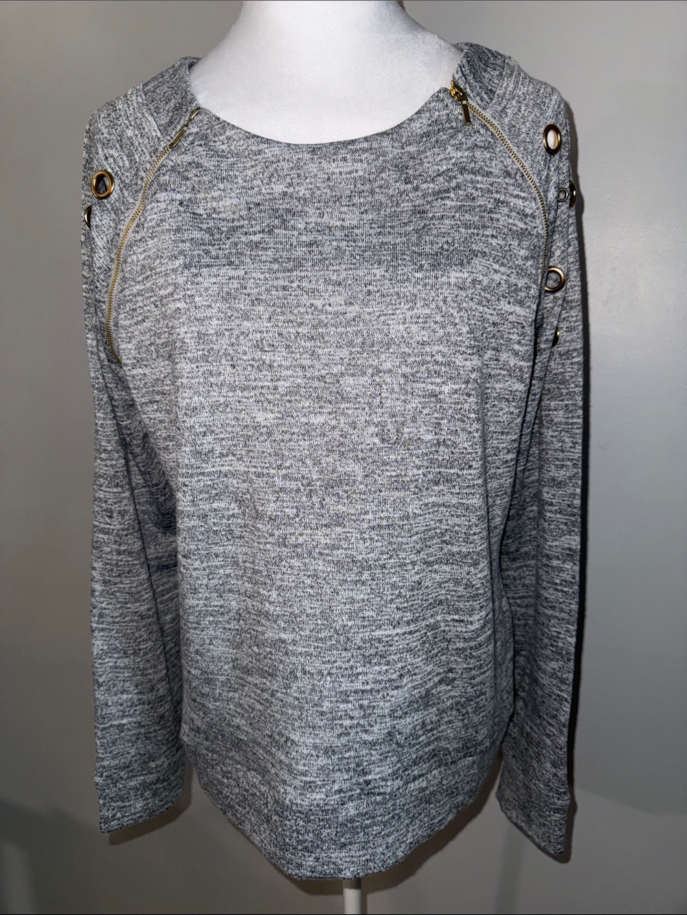 Always Indigo Gray Knit Women's Sweater with Zip and Grommet Details Sz Large